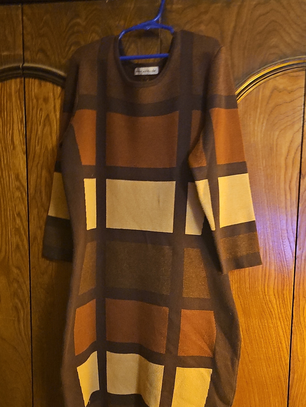 Danny & Nicole Brown and Tan Plaid 3/4 Sleeve Knit Dress
